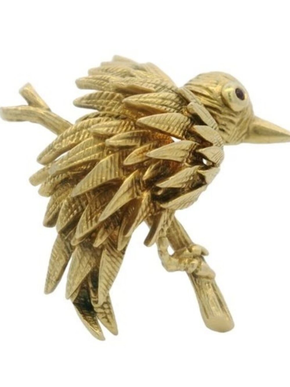 Vintage Tiffany & Co Solid 18kt Yellow Gold Bird on Branch Brooch Pin Ruby Eye